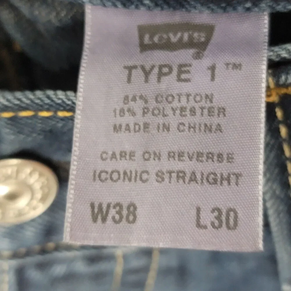 Levi's Type‎ 1 Jeans Iconic Straight Men's Size 38x29 Dark Wash Cotton Blend